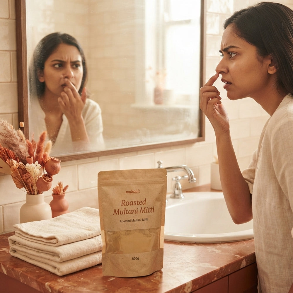 A young South Asian woman looking at her skin in a bathroom mirror, with a pack of Roasted Multani Mitti on a nearby vanity.