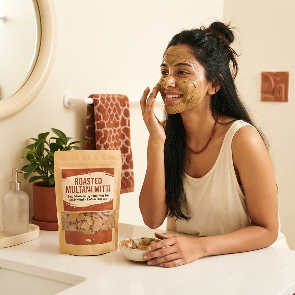 A South Asian woman applying a natural clay mask in a bright bathroom next to a 500g pack of Roasted Multani Mitti.